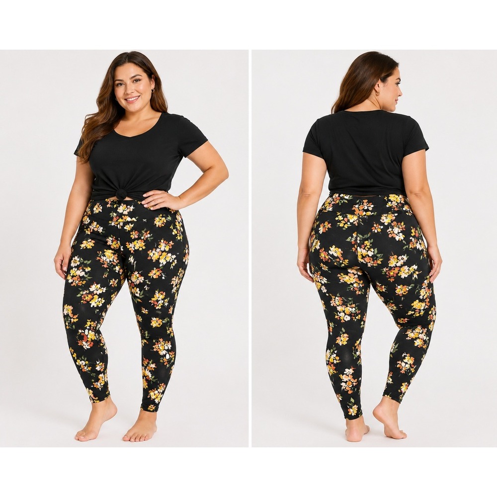 Terra & Sky Black Floral High Rise Leggings Plus Size 1X 16W-18W Stretch Knit - Picture 1 of 9